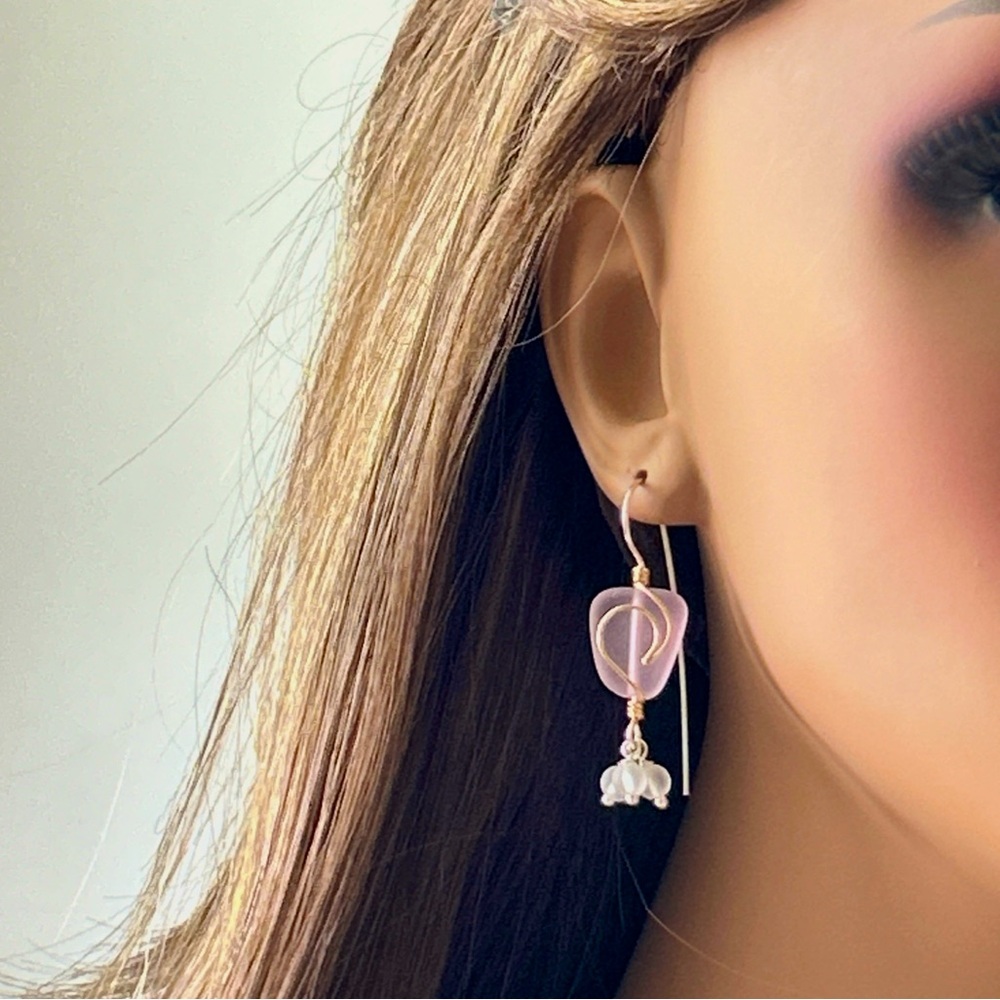 Boho Chic Pink Sea Glass Earring Ocean Wave Handmade Coastal Statement Jewelry